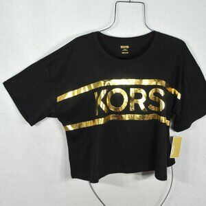 Share Michael Kors Women's Blouse 2X Goldtone Kors Logo Cropped Top Shirt